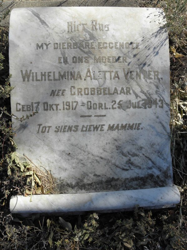 VENTER Wilhelmina Aletta nee GROBBELAAR 1917-1943