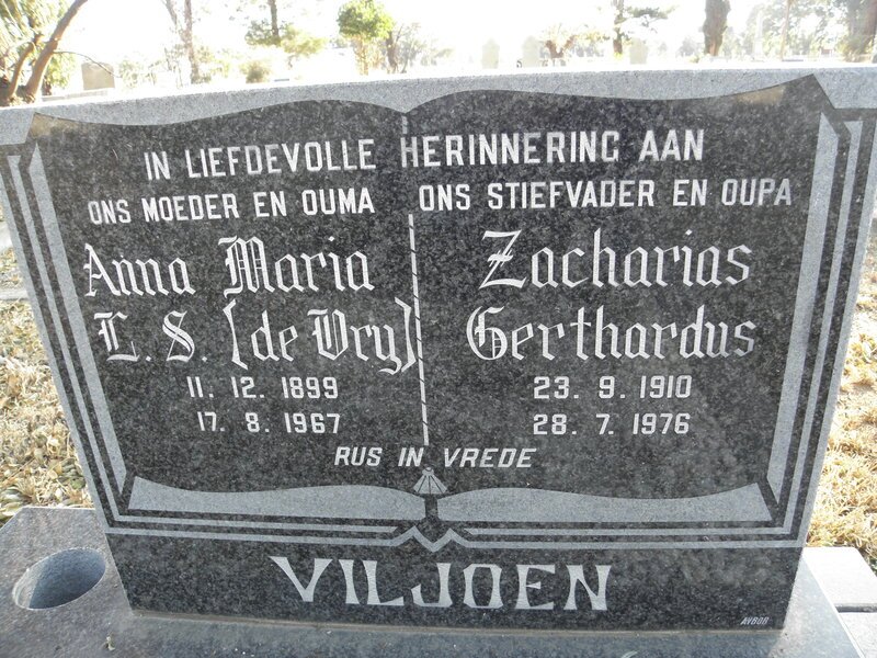 VILJOEN Zacharias Gerthardus 1910-1976 &amp; Anna Maria L.S. DE VRY 1899-1967