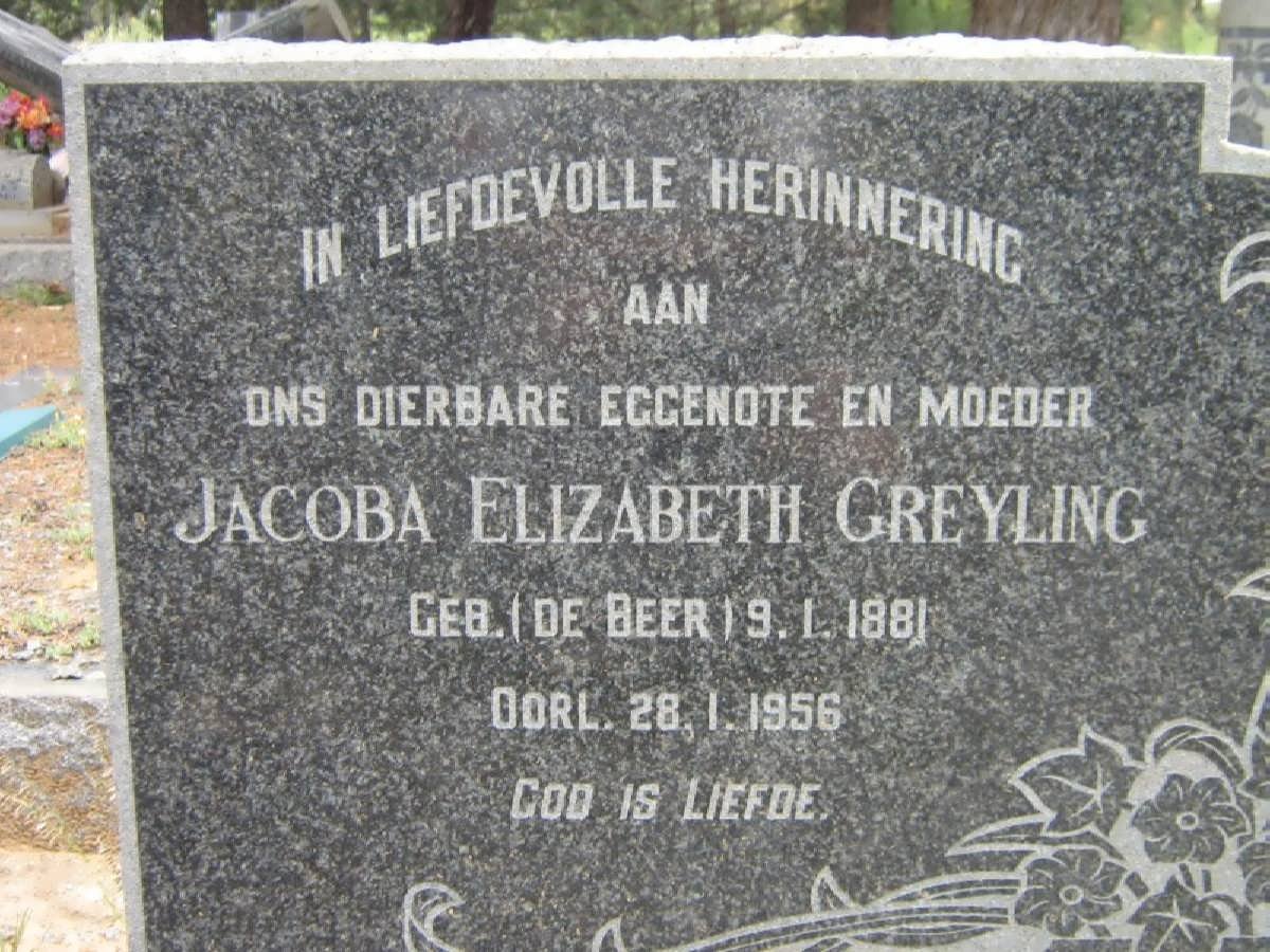 GREYLING Jacoba Elizabeth nee DE BEER 1881-1956