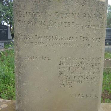 COETZER Elizabeth Rozina Anna Susanna nee V.D. VYVER 1855-1938