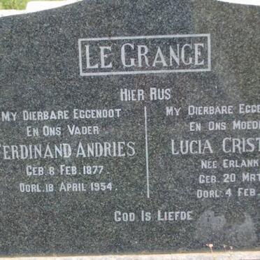 GRANGE Ferdinand Andries, le 1877-1954 &amp; Lucia Cristina ERLANK 1881-1965