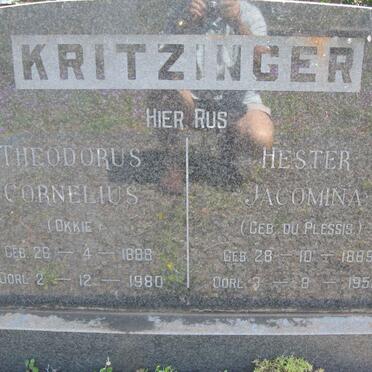 KRITZINGER Theodorus Cornelius 1888-1980 &amp; Hester Jacomina DU PLESSIS 1889-1952