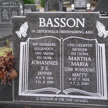 BASSON Johannes F.S. 1914-1987 &amp; Martha Maria ROSSOUW 1924-2010