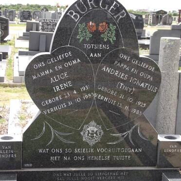 BURGER Andries Ignatius 1925-1985 &amp; Alice Irene 1931-1985