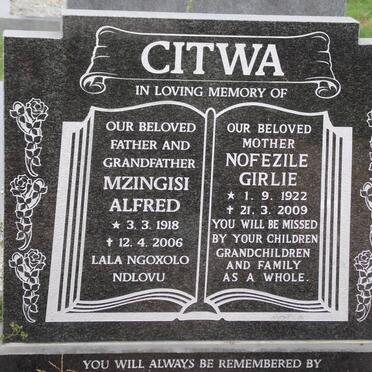 CITWA Mzingisi Alfred 1918-2006 &amp; Nofezile Girlie 1922-2009