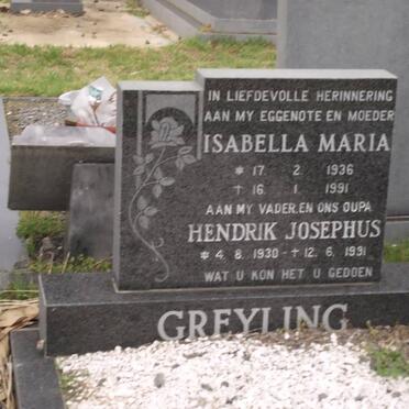 GREYLING Hendrik Josephus 1930-1991 &amp; Isabella Maria 1936-1991
