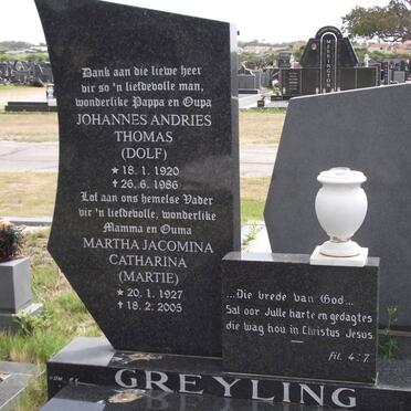 GREYLING Johannes Andries Thomas 1920-1986 &amp; Martha Jacomina Catharina 1927-2005