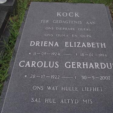 KOCK Carolus Gerhardus 1922-2007 &amp; Driena Elizabeth 1924-1994