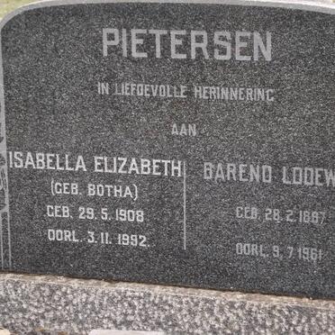 PIETERSEN Barend Lodewyk 1887-1961 &amp; Isabella Elizabeth BOTHA 1908-1992
