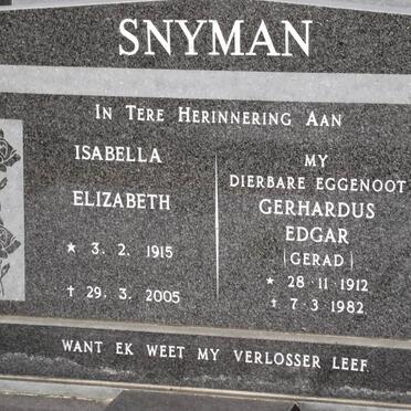 SNYMAN Gerhardus Edgar 1912-1982 &amp; Isabella Elizabeth 1915-2005