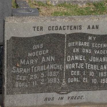 TERBLANCHE Mary Ann Sarah 1887-1983 &amp; Daniel Johannes Nortje 1896-1967