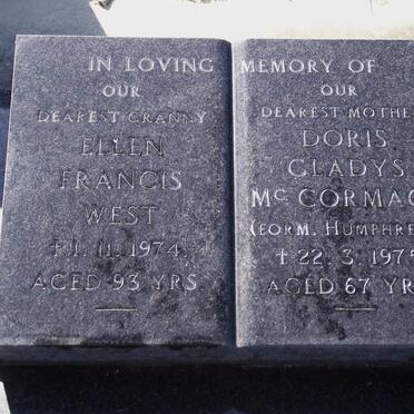 WEST Sarah Ellen Francis 1881-1974 :: Mc CORMACK Doris Gladys formerly HUMPHREYS -1975