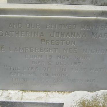 NICHOLSON Arthur -1943 :: PRESTON Catherina Johanna Maria formerly LAMPBRECHT nee NICHOLSON 1900-1971