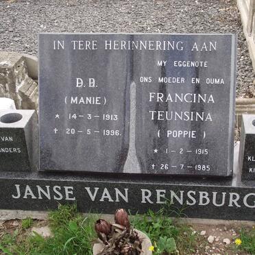 RENSBURG B.B., janse van 1913-1996 &amp; Francina Teunsina 1915-1985