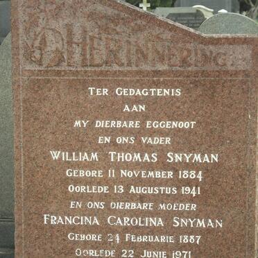 SNYMAN William Thomas 1884-1941 &amp; Francina Carolina 1887-1971