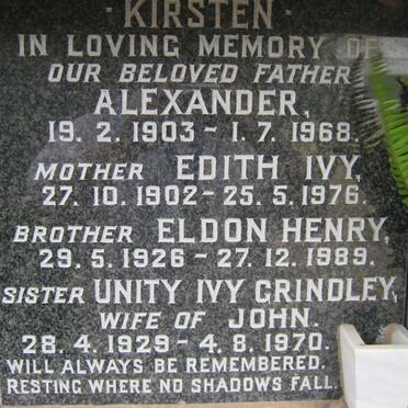 KIRSTEN Alexander 1903-1968 &amp; Edith Ivy 1902-1976 :: KIRSTEN Eldon Henry 1926-1989 :: GRINDLEY Unity Ivy 1929-1970