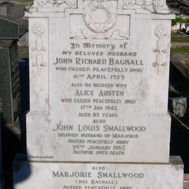BAGNALL John Richard -1929 &amp; Alice Austen -1943 :: SMALLWOOD John Louis -1967 :: SMALLWOOD Marjorie nee BAGNALL -1981