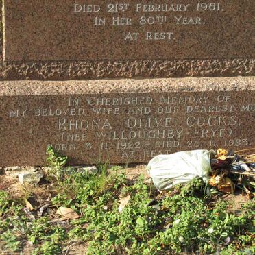 COCKS Rhona Olive nee WILLOUGHBY-FRYE 1922-1983