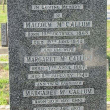 McCALLUM Malcolm 1868-1943 &amp; Margaret 1867-1945 :: McCALLUM Margaret 1900-1967