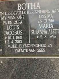 BOTHA Louis Jacobus 1931-2013 &amp; Maria Susanna Aletta 1945-