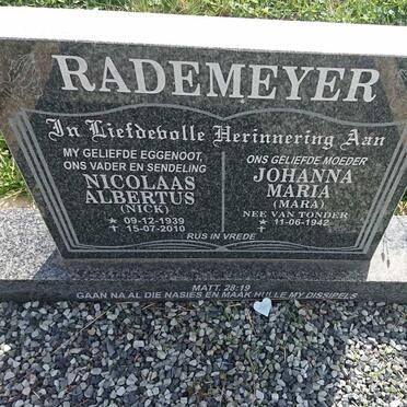 RADEMEYER Nicolaas Albertus 1939-2010 &amp; Johanna Maria VAN TONDER 1942-