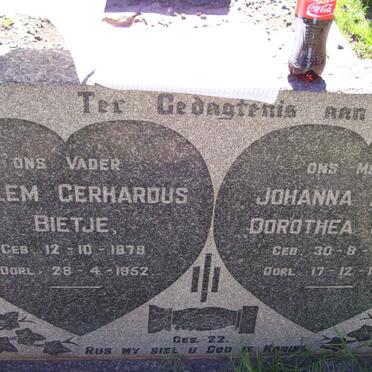 BIETJE Willem Gerhardus 1879-1952 &amp; Johanna Aletta Dorothea 1880-1951
