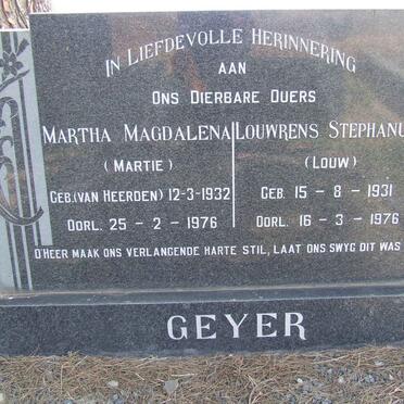 GEYER Louwrens Stephanus 1931-1976 &amp; Martha Magdalena VAN HEERDEN 1932-1976