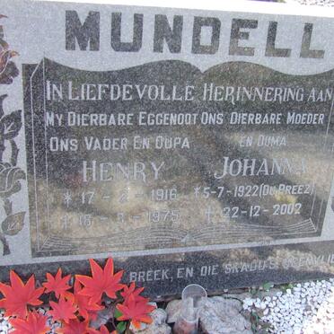 MUNDELL Henry 1916-1975 &amp; Johanna DU PREEZ 1922-2002