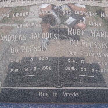 PLESSIS Andreas Jacobus, du 1892-1968 &amp; Ruby Maria THOMPSON 1900-1967