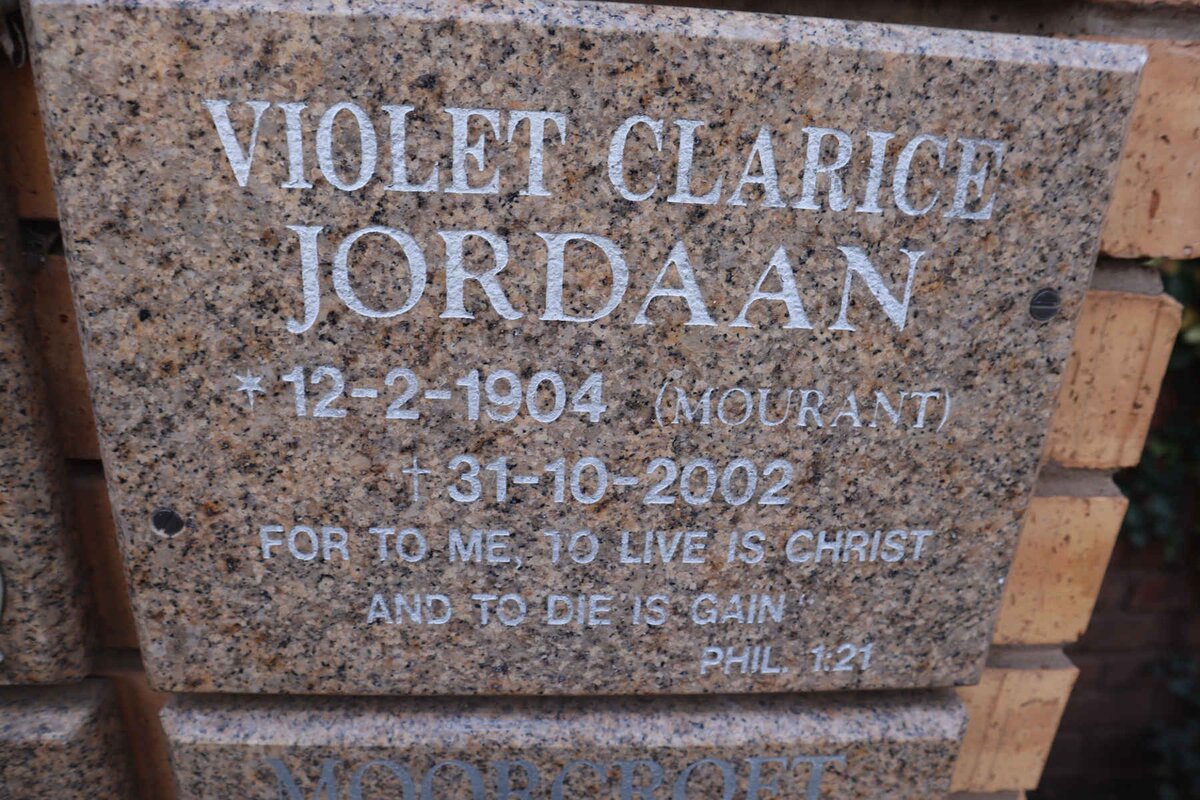 JORDAAN Violet Clarice nee MOURANT 1904-2002