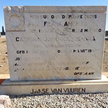 VUUREN Frans Andries, Janse van 1869-1930 &amp; JANSE VAN VUUREN Catrina Johanna Susanna 1874-1941