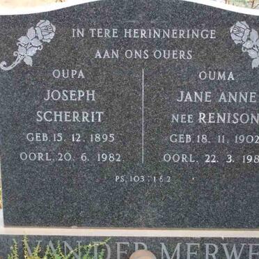 MERWE Joseph Scherrit, van der 1895-1982 &amp; Jane Anne RENISON 1902-1985