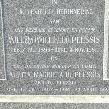 PLESSIS Willem 1895-1951 &amp; Aletta Magrieta DU PLESSIS 1897-1993