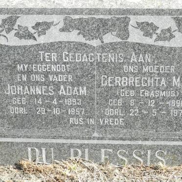 PLESSIS Johannes Adam, du 1893-1957 &amp; Gerbrechta M.S. ERASMUS 1896-1974