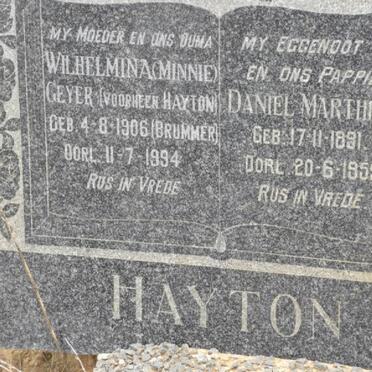 HAYTON Daniel Marthinus 1891-1959 &amp; Wilhelmina GEYER, formerly HAYTON, nee BRUMMER 1906-1994