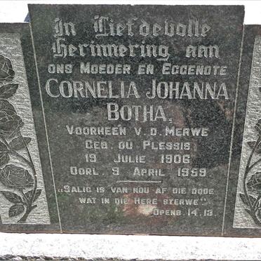 BOTHA Cornelia Johanna voorheen V.D. MERWE nee DU PLESSIS 1906-1959