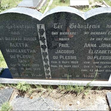 PLESSIS Paul Jacobus, du 1869-1957 &amp; Anna Johanna Elizabeth VAN HEERDEN 1872-1950 :: DU PLESSIS Aletta Margaretha 1899-1975