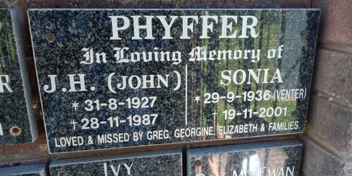 PHYFFER J.H. 1927-1987 &amp; Sonia VENTER 1936-2001