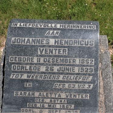 VENTER Johannes Hendricus 1852-1929 &amp; Sarah Aletta BOTHA 1867-193?