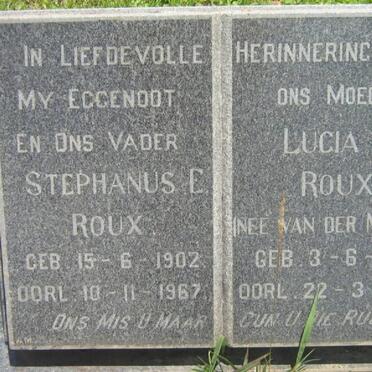 ROUX Stephanus E. 1902-1967 &amp; Lucia S. VAN DER MERWE 1913-1990