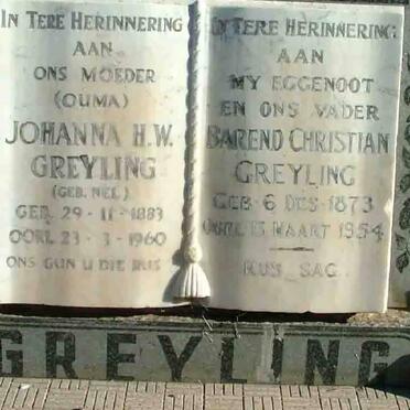 GREYLING Barend Christian 1873-1954 &amp; Johanna H.W. NEL 1883-1960 :: GREYLING Hendrik P. 1909-1958 