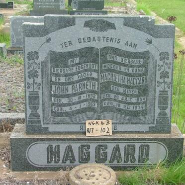 HAGGARD John Barneth 1892-1963 &amp; Magrietha MEYER 1894-1974