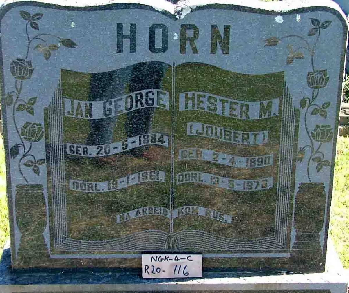 HORN Jan George 1884-1961 &amp; Hester M. JOUBERT 1890-1976