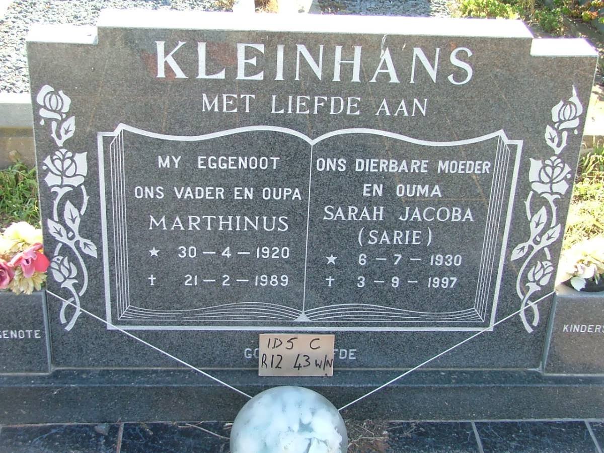 KLEINHANS Marthinus 1920-1989 &amp; Sarah Jacoba 1930-1997