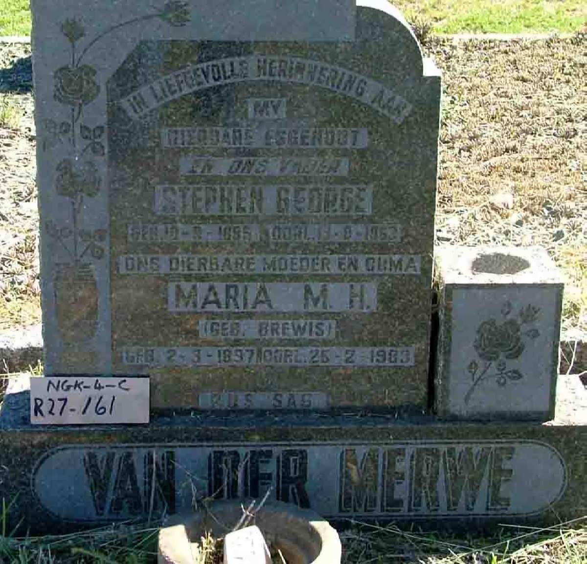 MERWE Stephen George, van der 18?5-19?3 &amp; Maria M.H. BREWIS 1897-1983