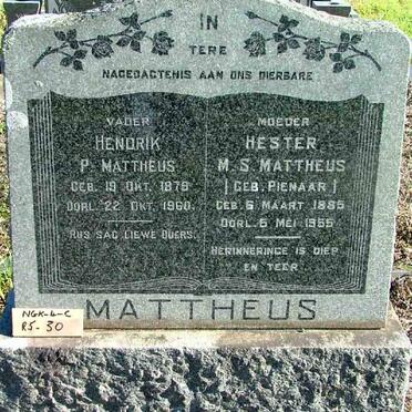 MATTHEUS Hendrik P. 1879-1960 &amp; Hester M.S. PIENAAR 1885-1955