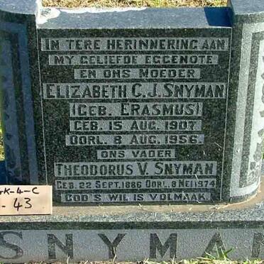 SNYMAN Theodorus V. 1886-1974 &amp; Elizabeth C.J. ERASMUS 1907-1956