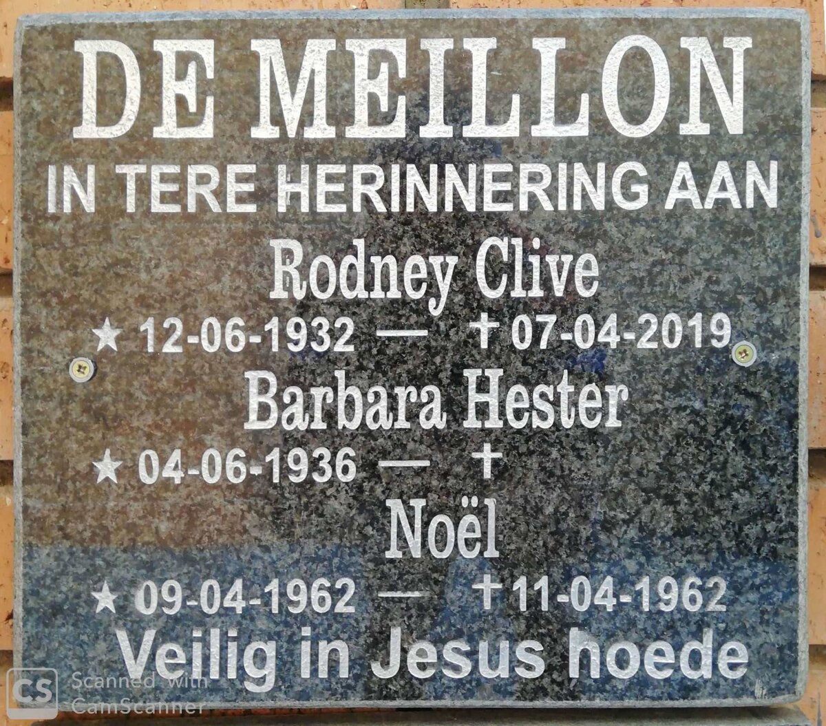 MEILLON Rodney Clive, de 1932-2019 &amp; Barbara Hester 1936- :: MEILLON Noël, de 1962-1962