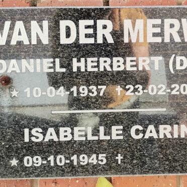 MERWE Daniel Herbert, van der 1937-2008 &amp; Isabelle Carin 1945-