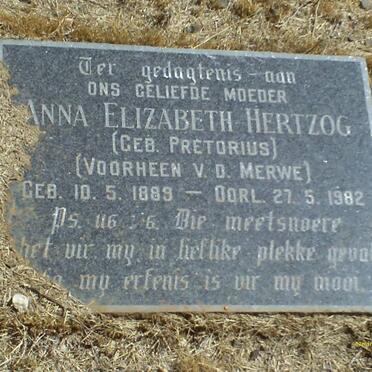 HERTZOG Anna Elizabeth voorheen V.D. MERWE nee PRETORIUS 1889-1982